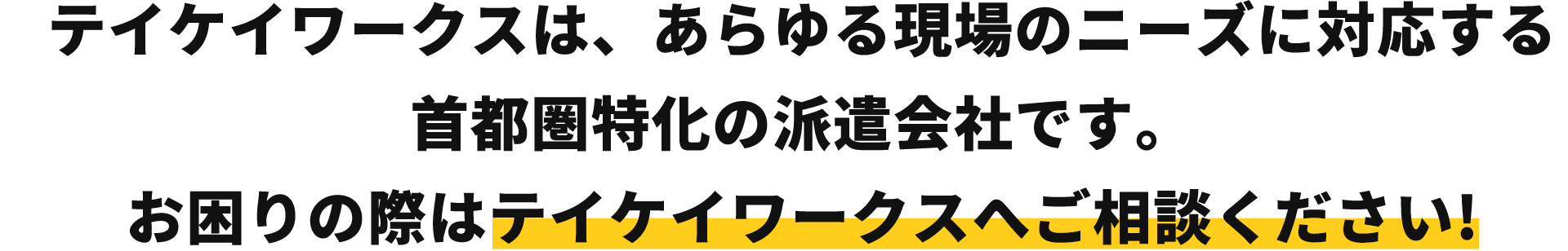 テイケイワークスは、あらゆる現場のニーズに対応する
              首都圏特化の派遣会社です。
              お困りの際はテイケイワークスへご相談ください!